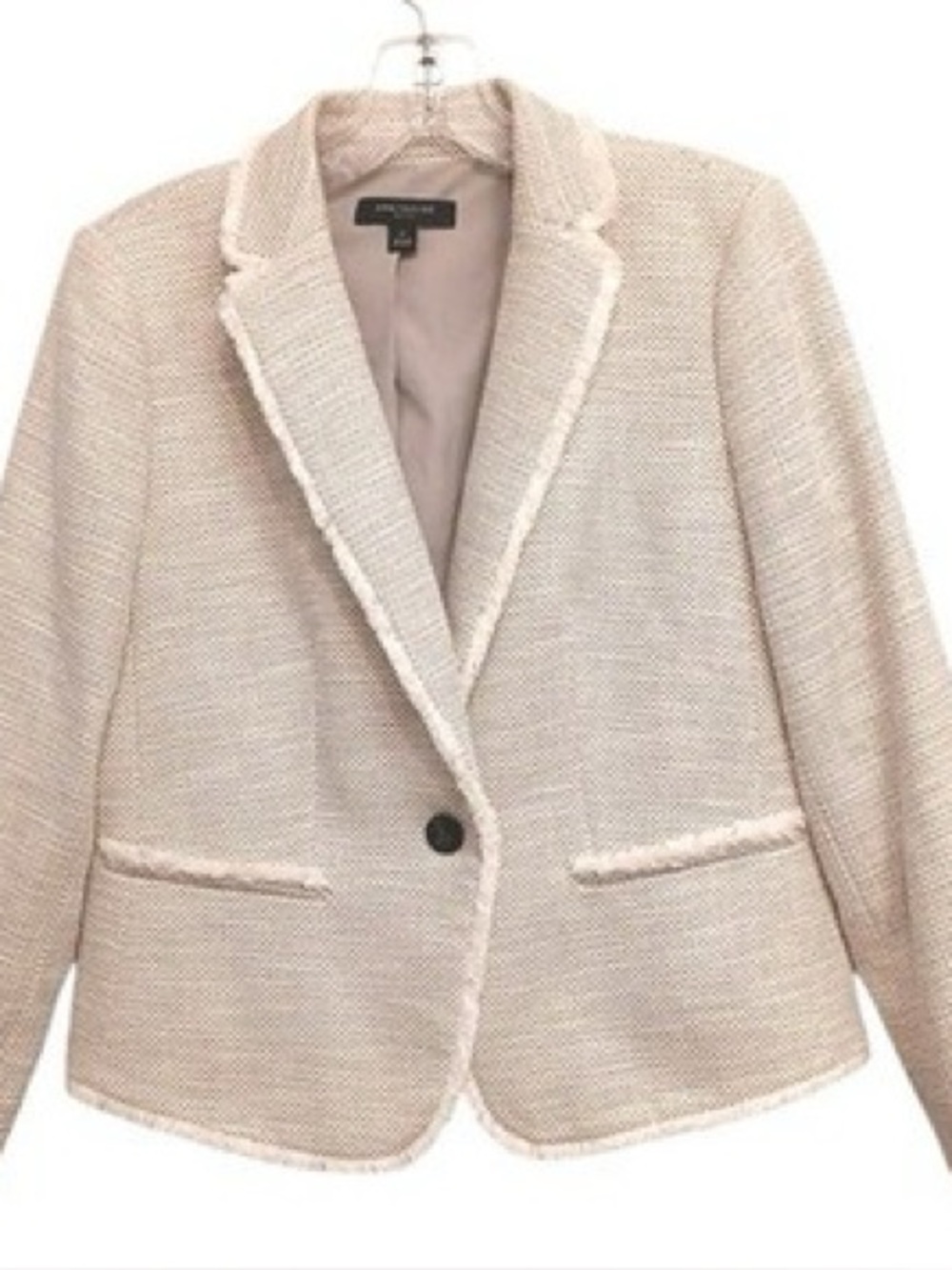 Ann Taylor Cream Fringed-Trim Textured Blazer